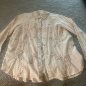 Coldwater Creek Embroidered Floral Blush Pink Cotton Button Down Shirt-M